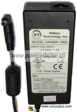 Battery Technology VAN90A-190A AC ADAPTER 18 - 20V 4.74A 90W Lap - Click Image to Close